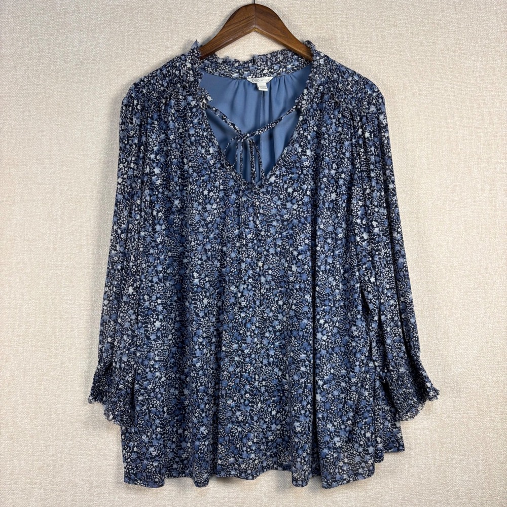 Cato Womens Blue Floral Ditsy Mesh Blouse Tie Neck Long Sleeve Plus Size 26/28W